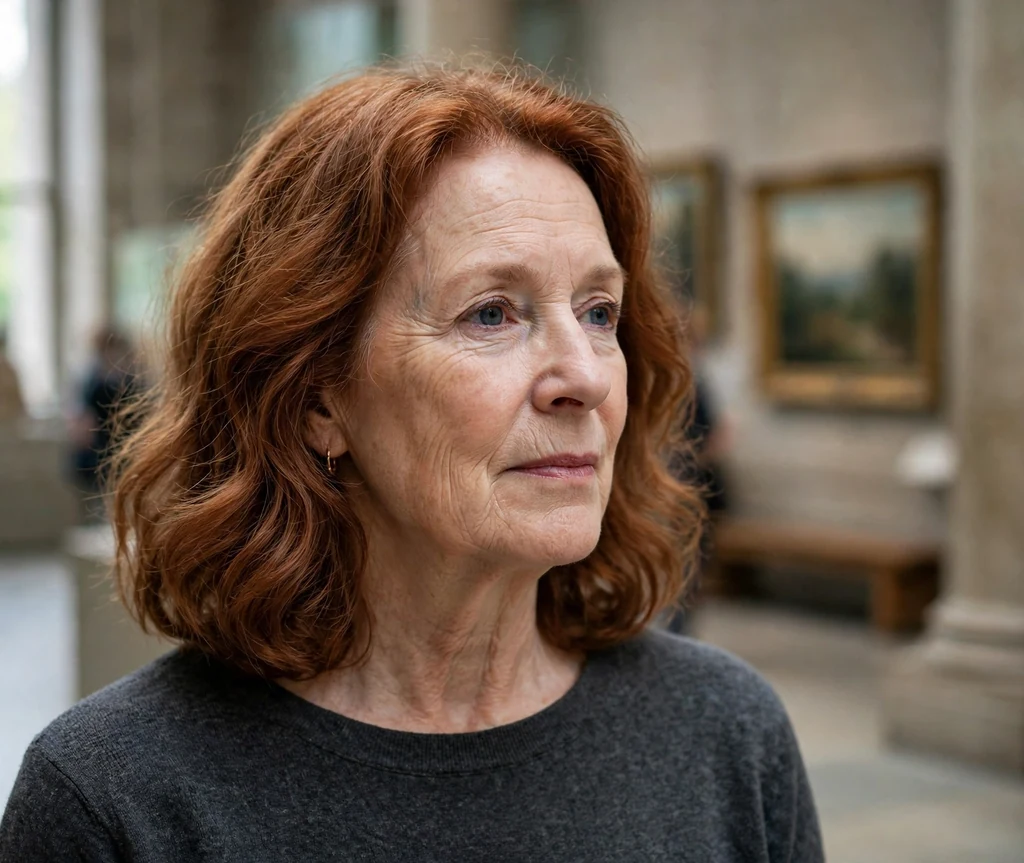 White woman in her late fifties with an auburn medium-length cut with soft S-shaped waves in a charcoal top in a museum