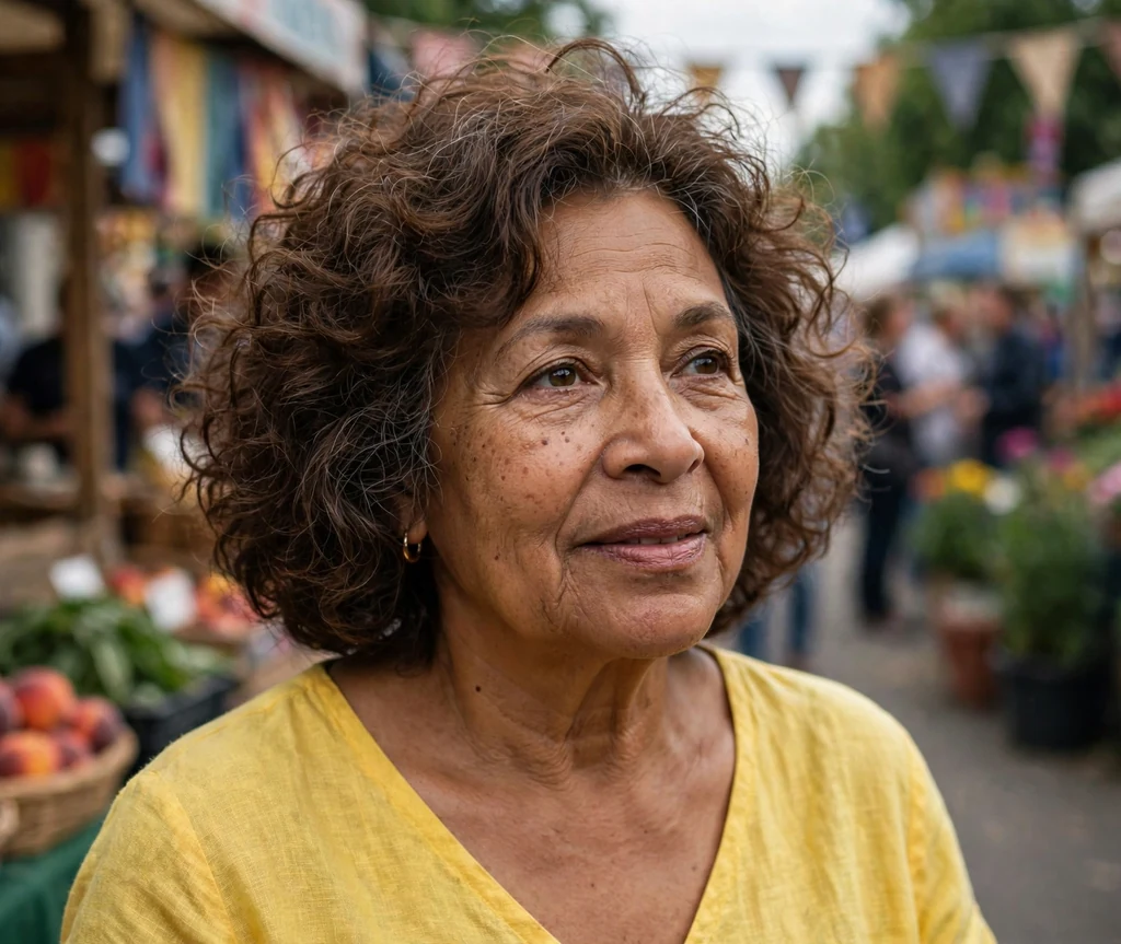 Mixed-race woman in her mid sixties with a brown voluminous curly medium bob in a yellow top at a street fair