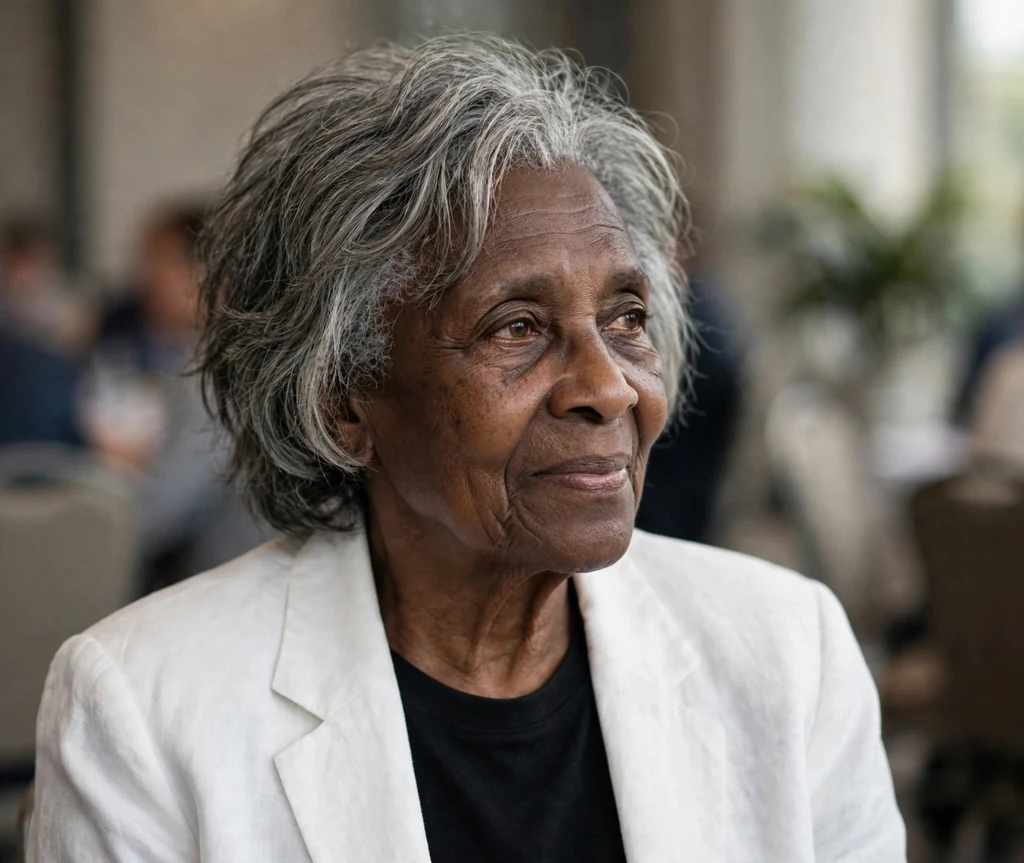 Black woman in her early seventies with a grey textured piecey medium lob in a white blazer at a conference