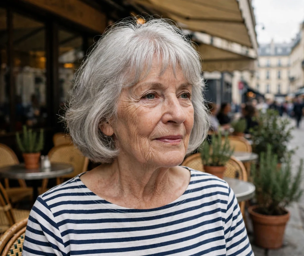 White woman in her mid sixties with a silver French-bob-inspired medium cut with a soft fringe in a striped top on a Parisian cafe street