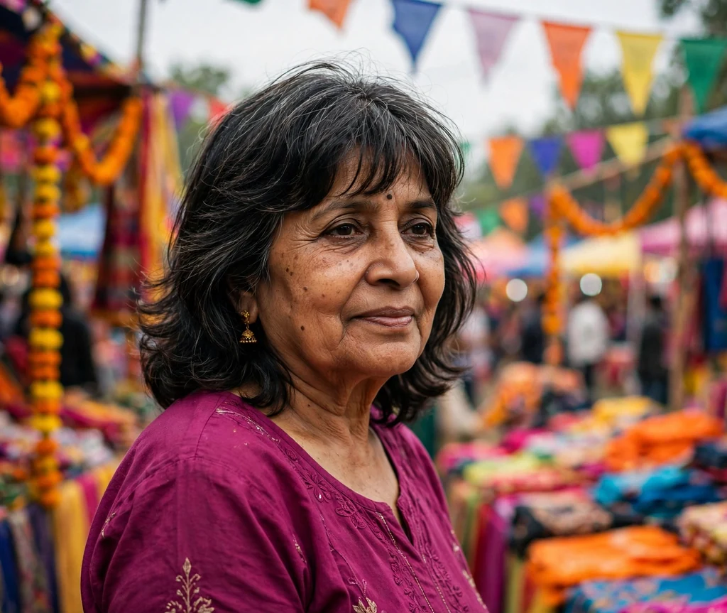 South Asian woman in her early sixties with a dark layered shoulder-length cut with a soft fringe in a magenta top at a festival