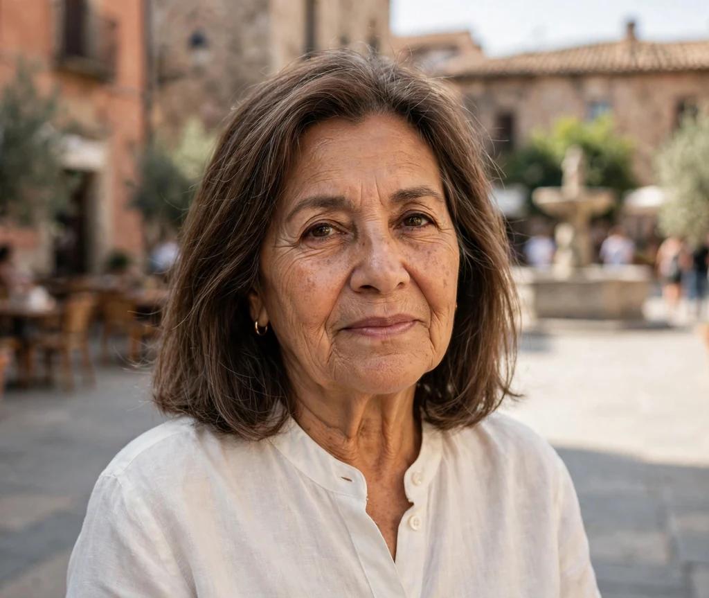 Latina woman in her late sixties with a brown timeless one-length medium hairstyle in an ivory blouse in a sunny plaza