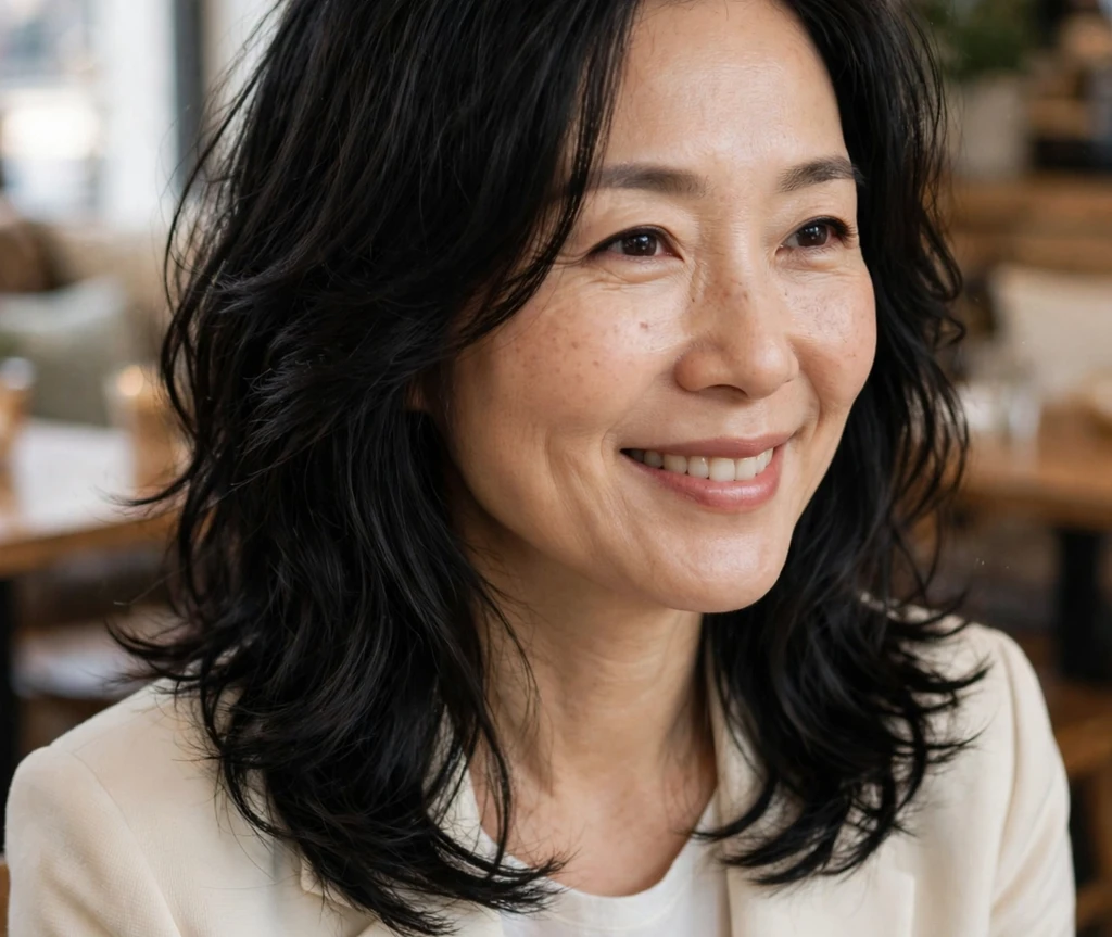 Woman with a gorgeous layered lob hairstyle with soft waves, a flattering medium length hairstyle for thin hair