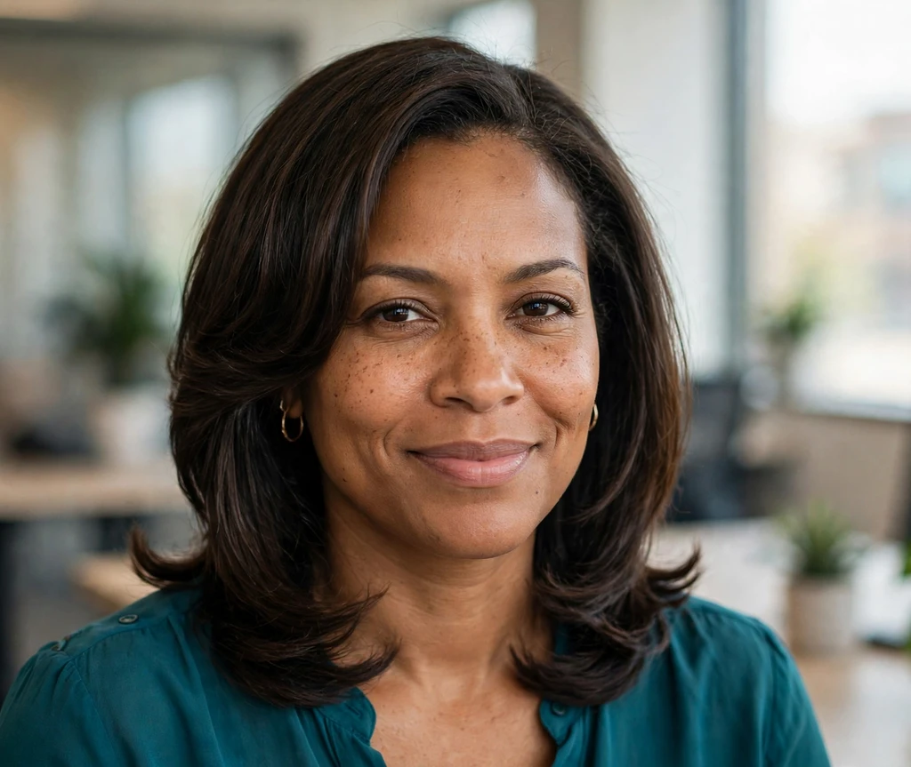 Black woman with a classic layered lob haircut with smooth tucked ends for thin hair