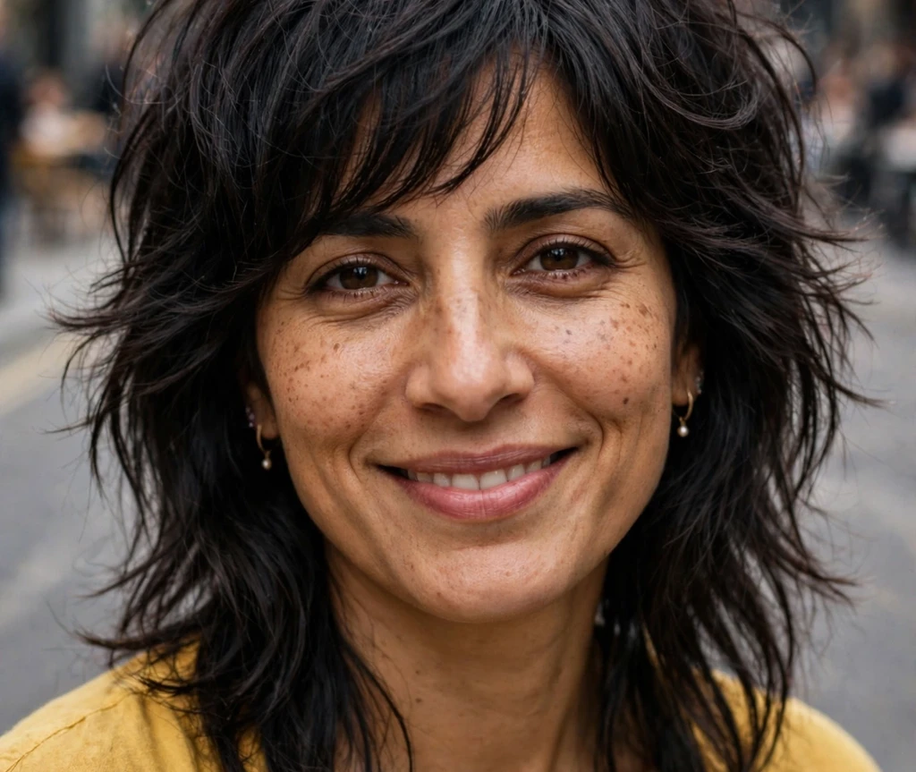 South Asian woman with a textured shaggy mid-length haircut with wispy layers for fine hair