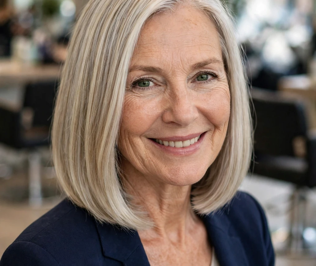 Older woman with a blunt silver-blonde collarbone bob haircut for thin hair