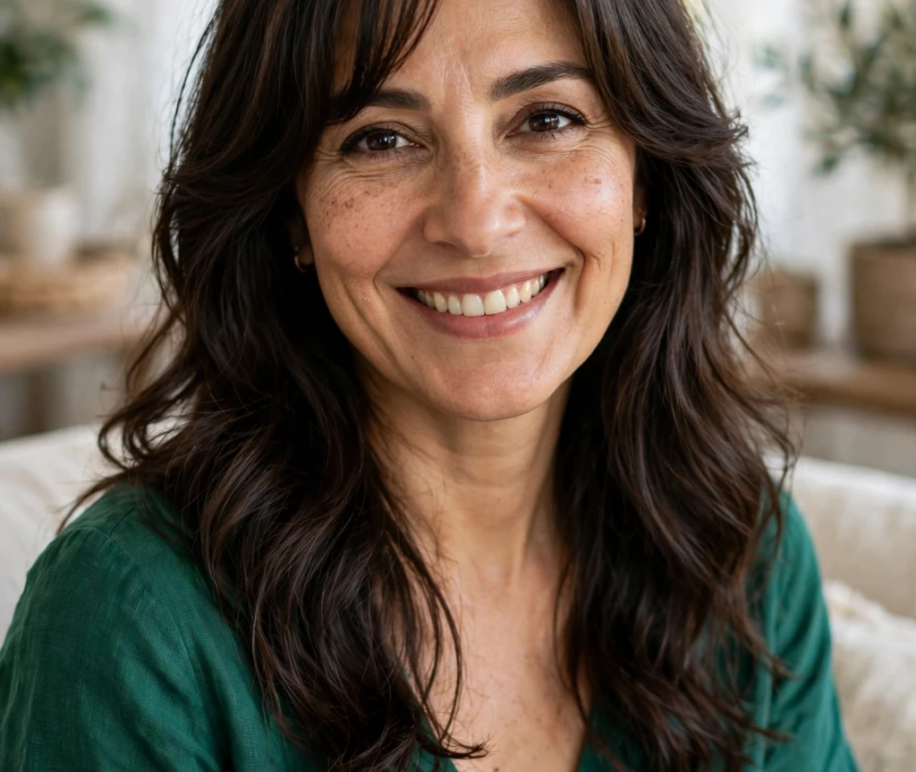 Middle Eastern woman with curtain bangs and soft waves in a medium length cut for thin hair