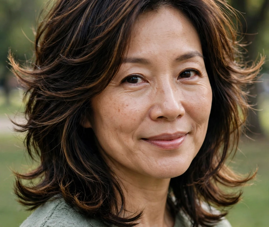 East Asian woman with feathered mid-length layers and airy flipped ends for fine hair