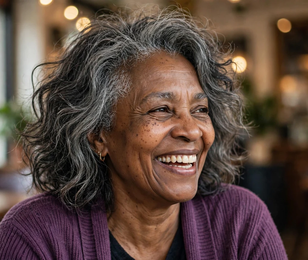 Older Black woman with a tousled wavy salt-and-pepper lob for thin hair