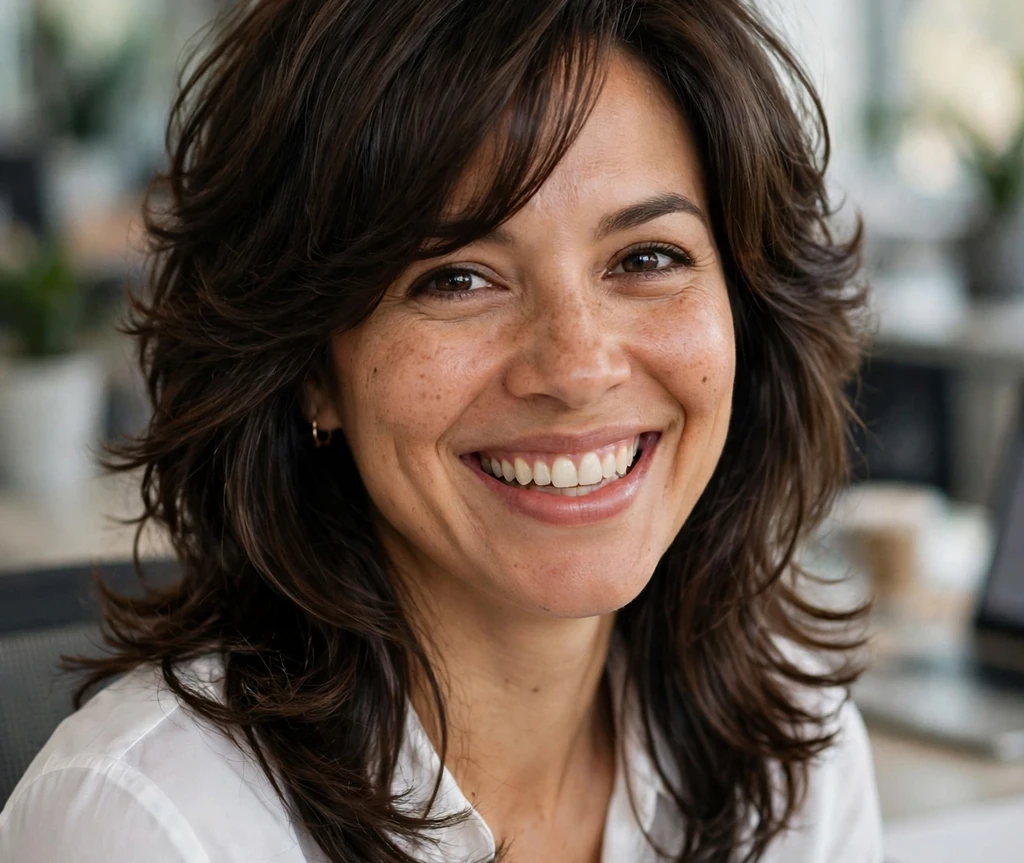 Latina woman with side-swept bangs and voluminous layered hair for thin hair