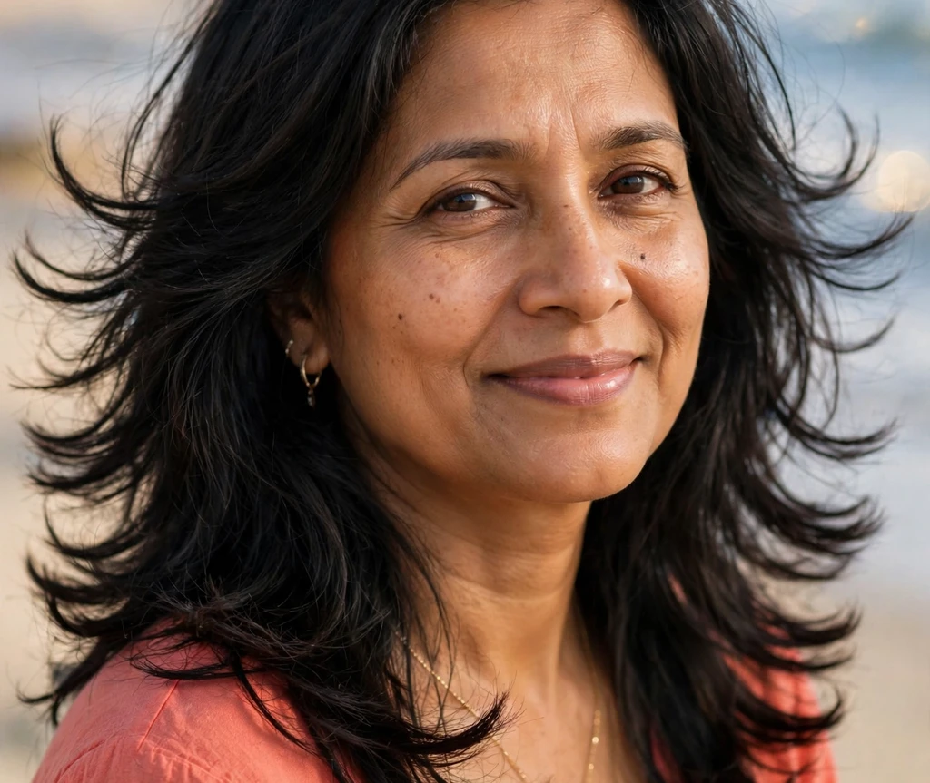 South Asian woman with an airy feathered shoulder-length haircut for fine hair