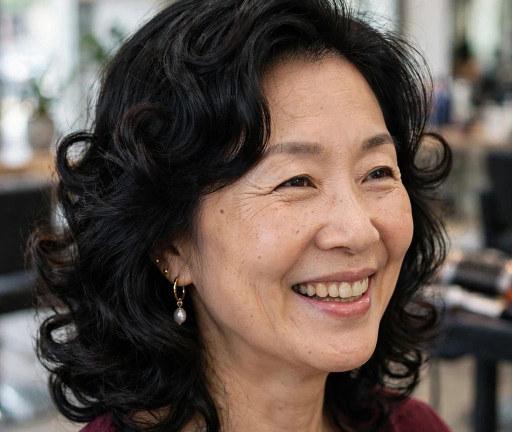East Asian woman with a voluminous curled lob hairstyle for thin hair