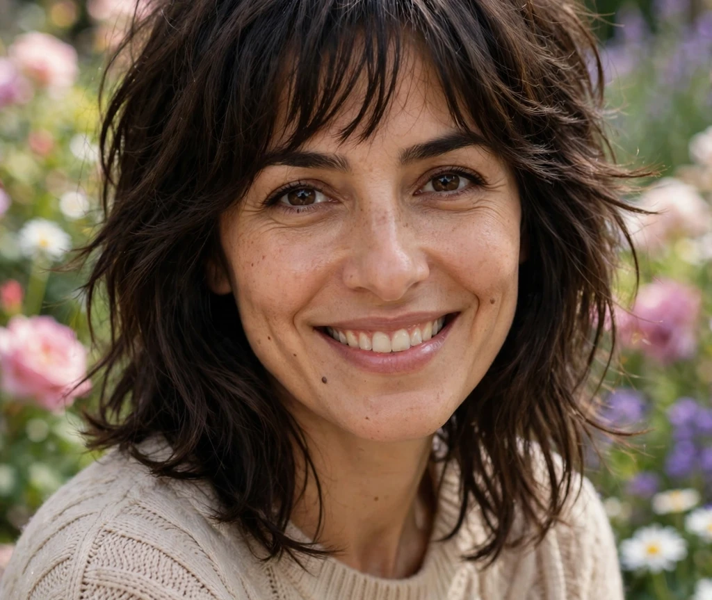 Middle Eastern woman with wispy bangs and piecey medium-length layers for fine hair