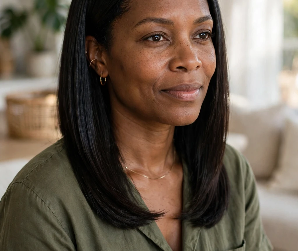 Black woman with a sleek straight center-parted lob haircut for thin hair