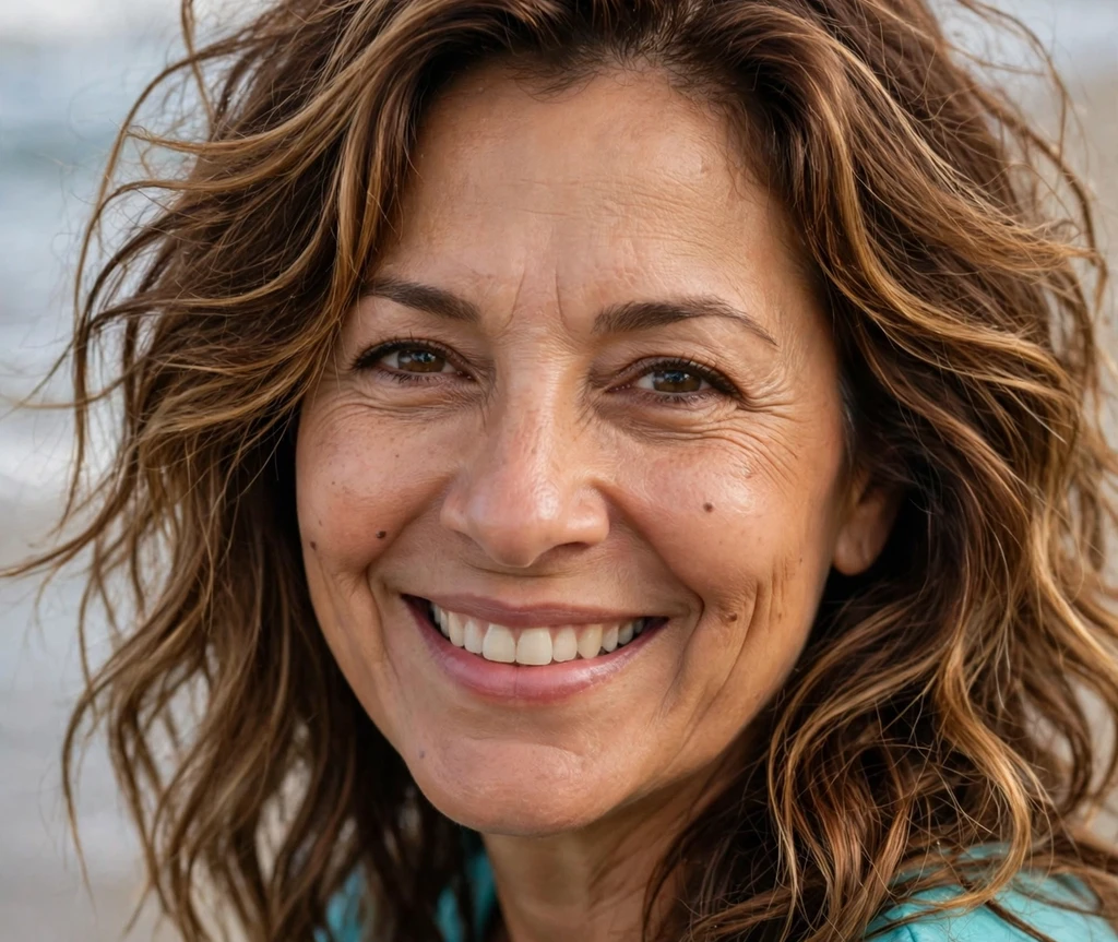 Latina woman with beachy mid-length waves and caramel highlights for thin hair