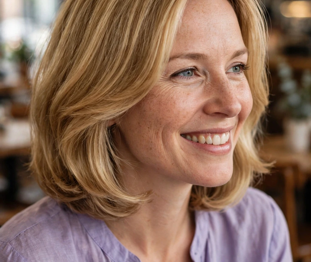 Woman with a honey blonde rounded collarbone haircut for fine hair