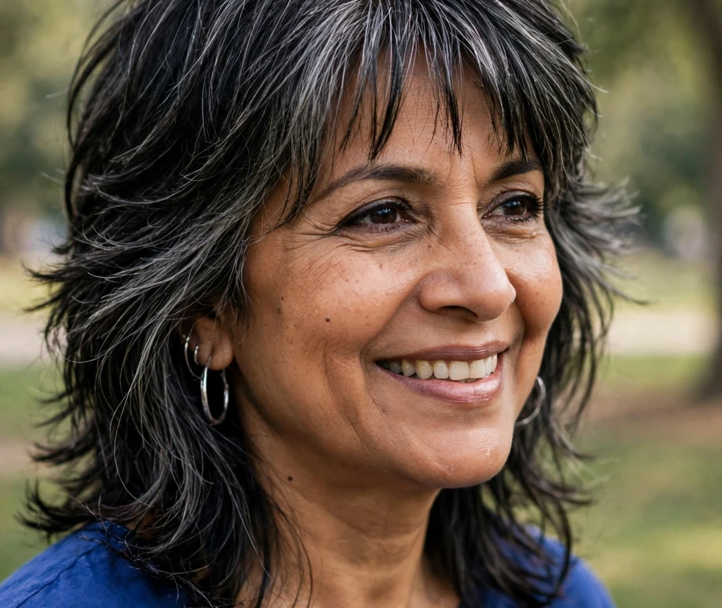South Asian woman with choppy ends and a curtain fringe with gray streaks for thin hair