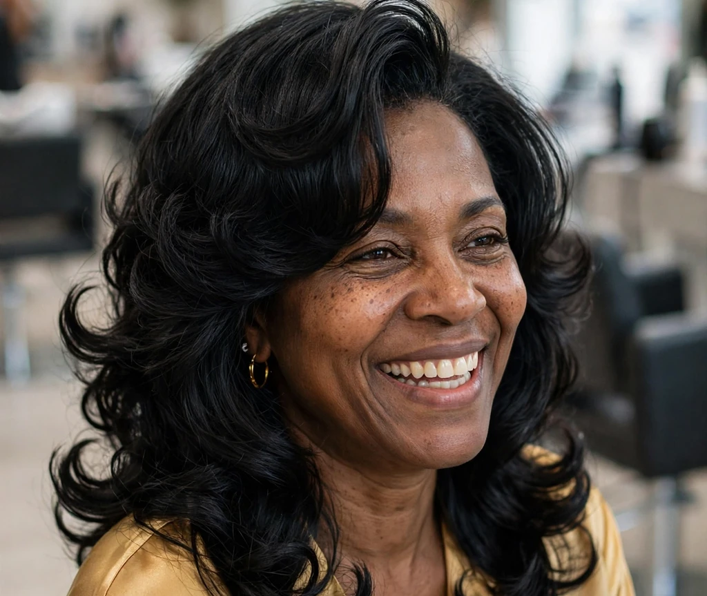 Black woman with bouncy blowout layers for thin hair