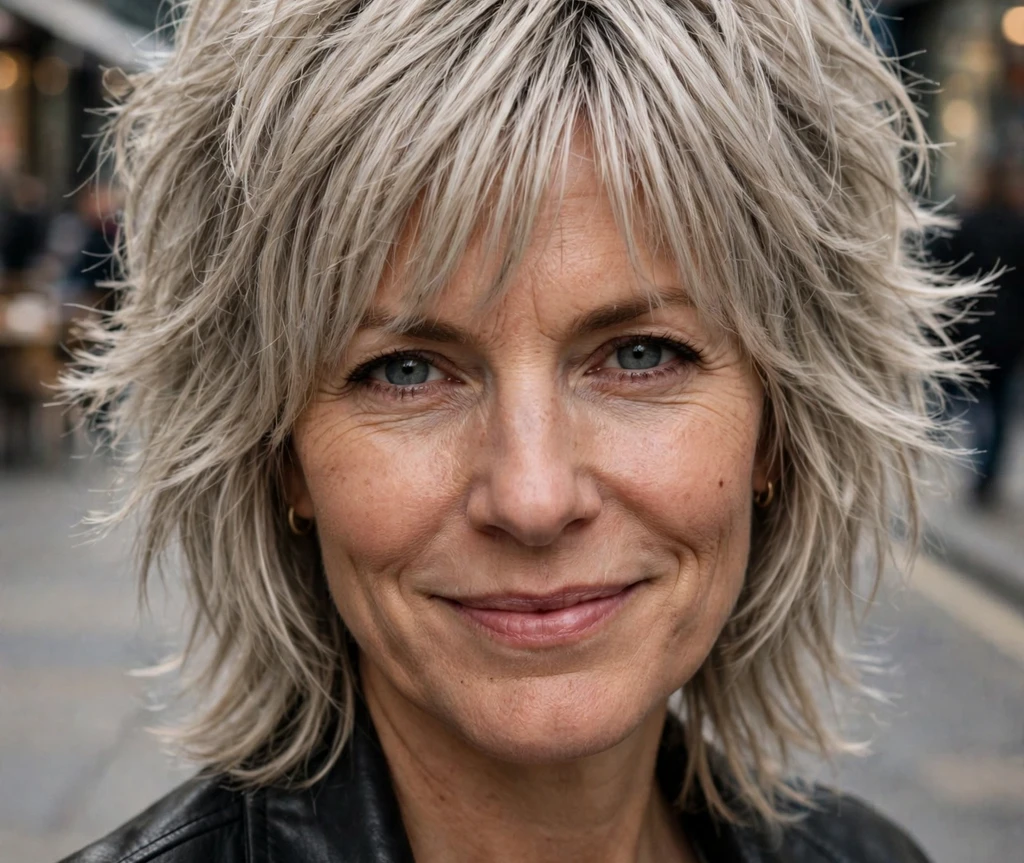 Woman with an ash blonde mid-length wolf cut with shaggy layers for fine hair