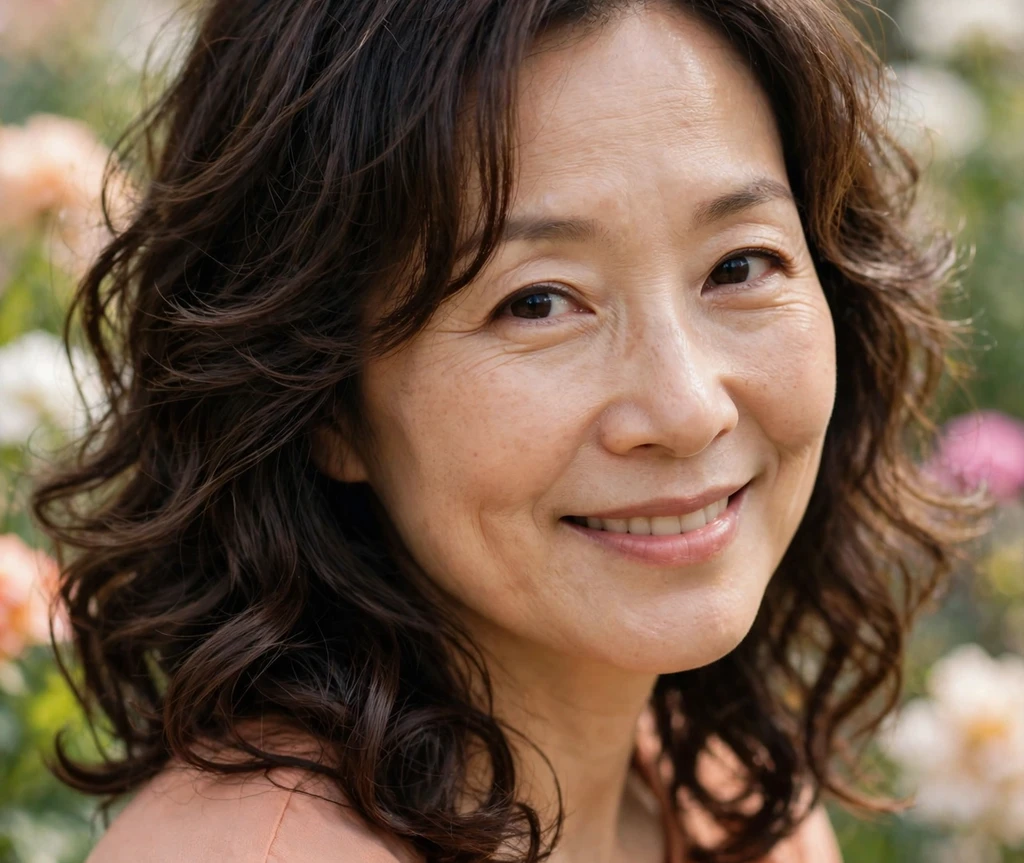 East Asian woman with soft curls and face-framing layers for thin hair