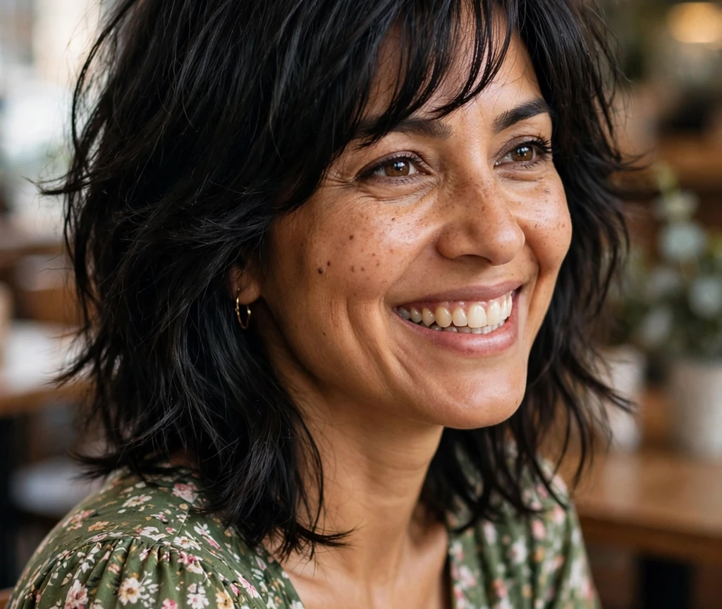 South Asian woman with a modern mid-length shag and soft fringe for fine hair
