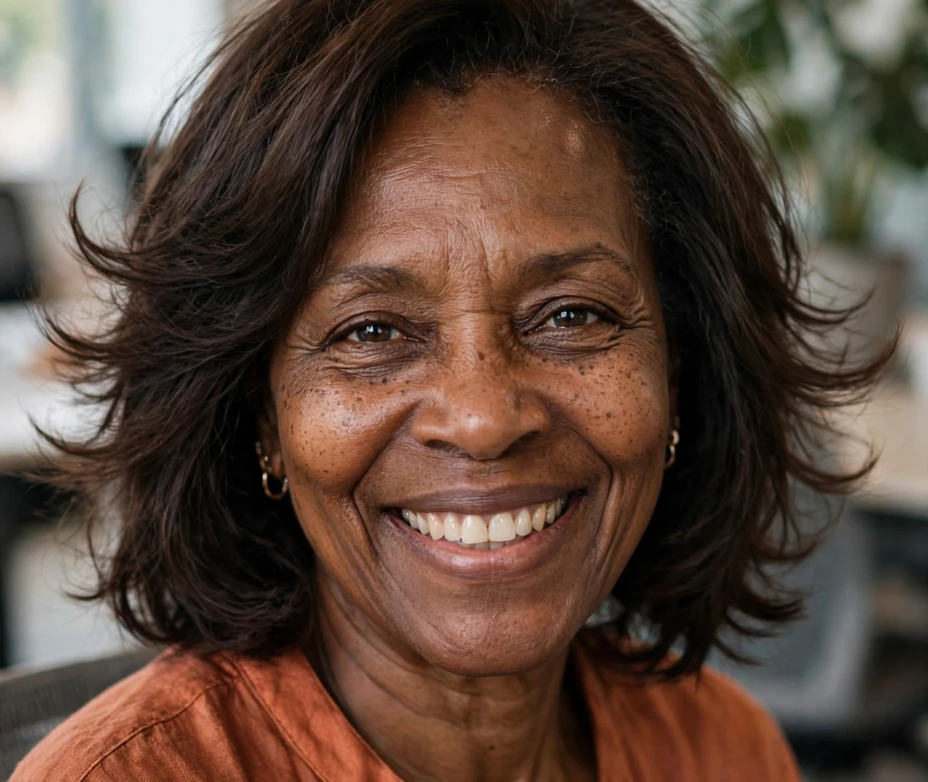 Black woman with delicate flicked-out layers in a medium cut for thin hair