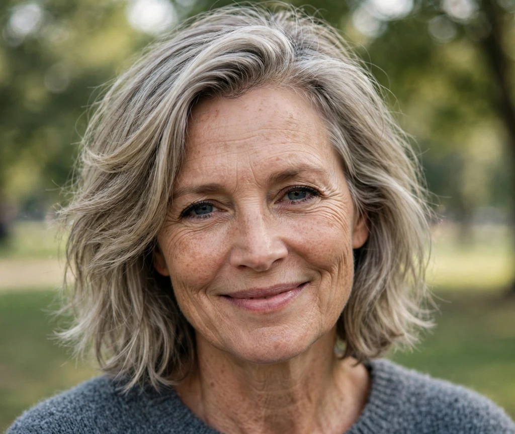 Older woman with textured gray-blonde ends and a side part for fine hair