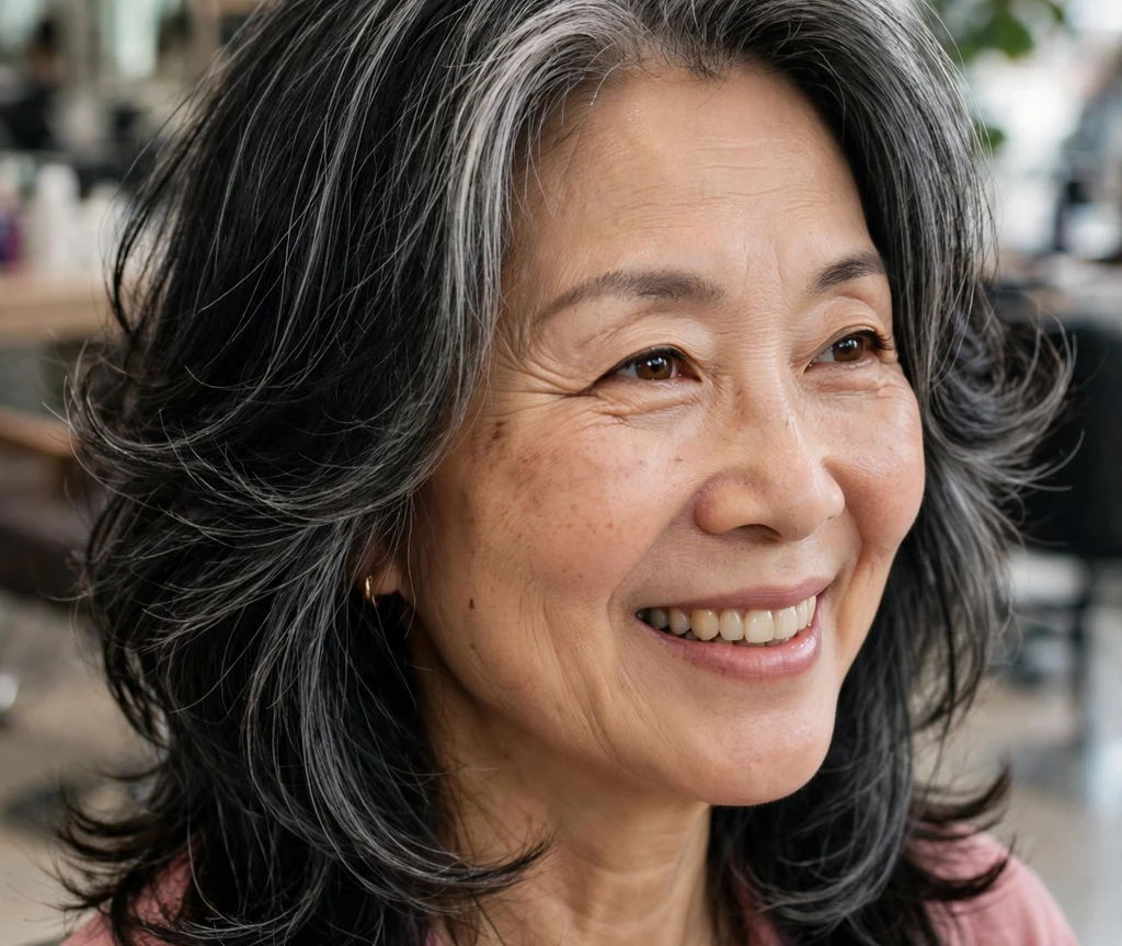 East Asian woman with airy butterfly layers and silver strands for thin hair