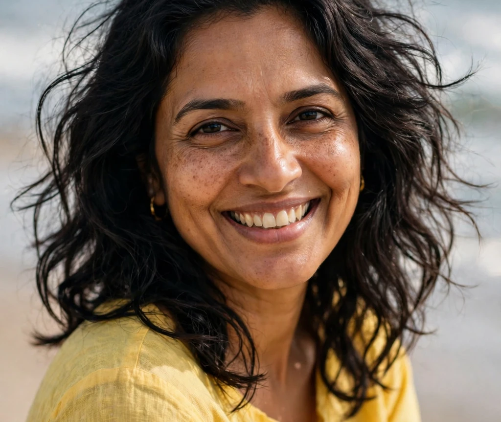 South Asian woman with carefree undone waves for fine hair