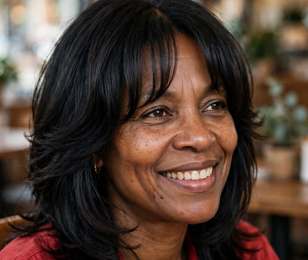 Black woman with medium layers and a full curtain fringe for thin hair