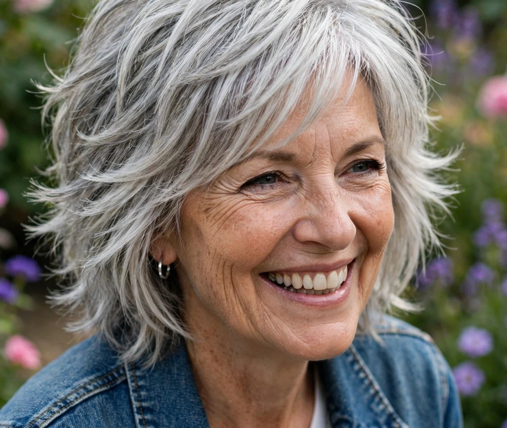 Older woman with a piecey silver mid-length shag haircut for thin hair
