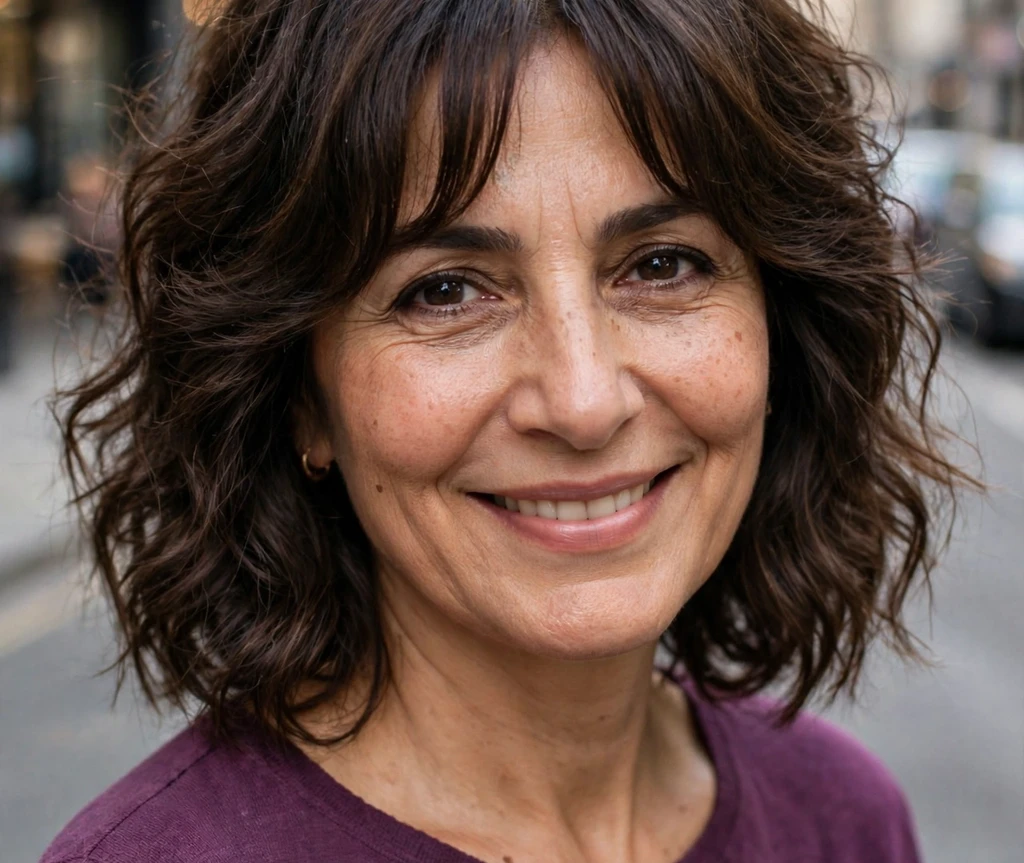 Middle Eastern woman with wavy layers and bottleneck bangs for thin hair