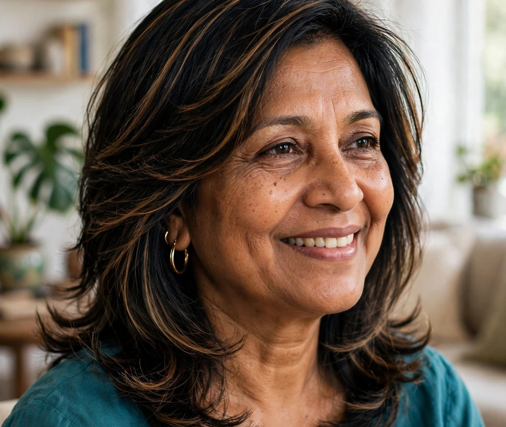South Asian woman with feathered layers and subtle caramel highlights for thin hair