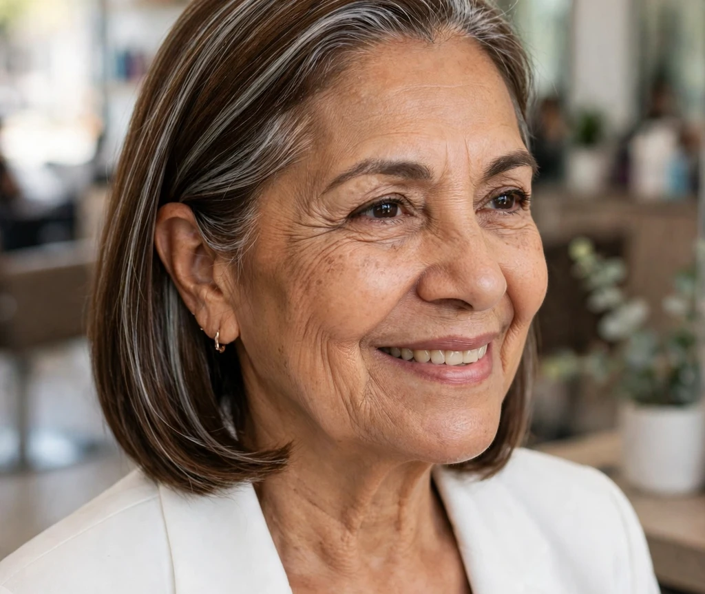 Older Latina woman with a polished lob tucked behind the ears for thin hair