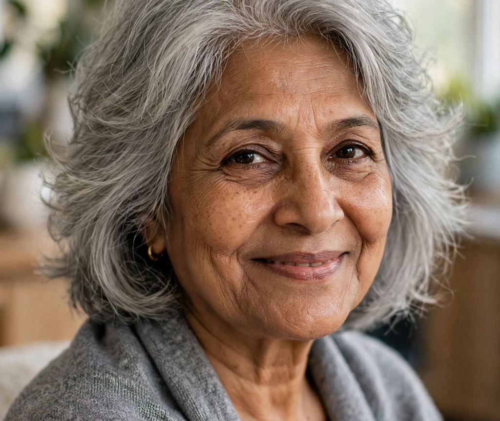 Older South Asian woman with a wispy textured gray mid-length cut for fine hair