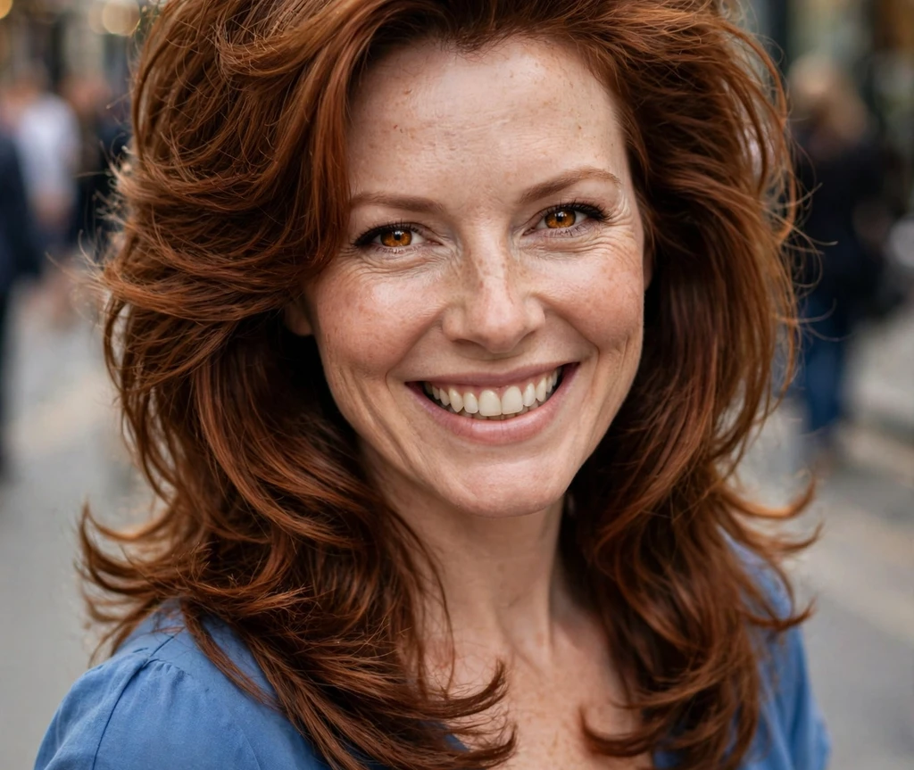 Woman with auburn hair in a lifted-crown layered style for thin hair