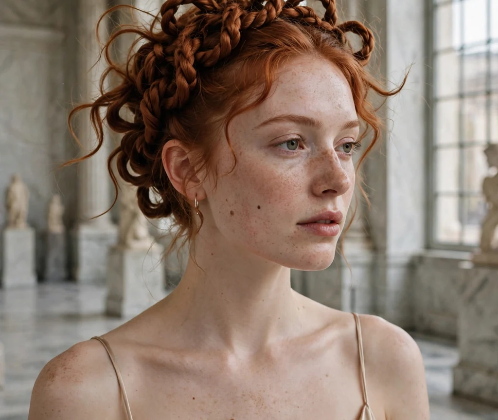 Woman with copper-red hair styled in a twisted rope coil crown, champagne satin dress, marble gallery