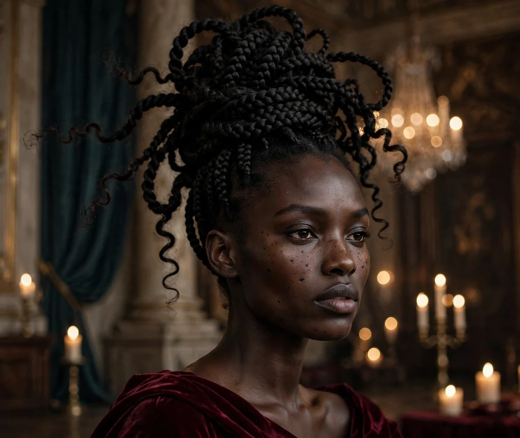 Black woman with black box braids coiled into a high serpentine crown updo, burgundy velvet gown