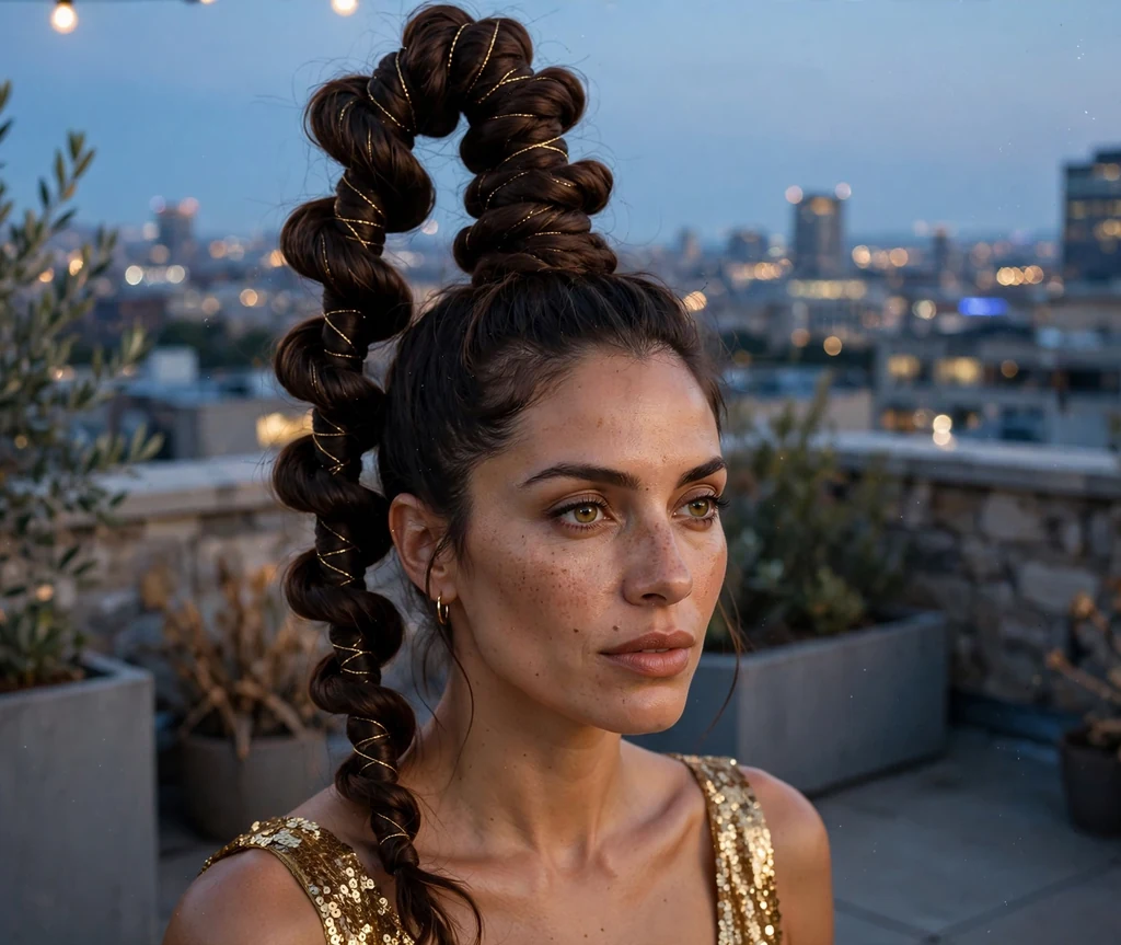 Latina woman with dark chocolate wavy hair in a golden twisted rope coil high ponytail, gold sequin dress