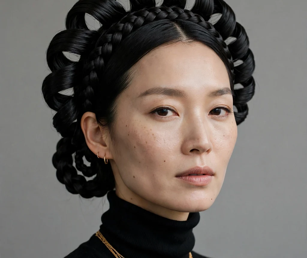 East Asian woman with sleek jet-black hair in a sculpted braided snake coil halo, black turtleneck with gold necklaces