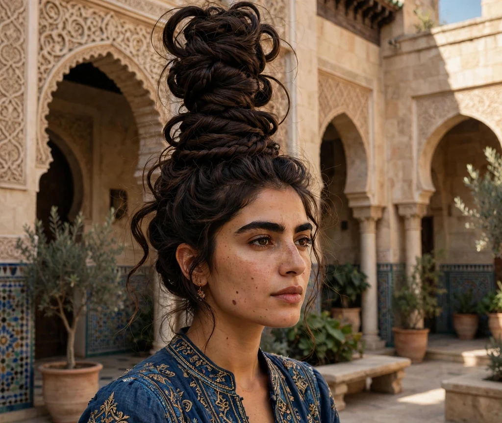 Middle Eastern woman with thick dark brown wavy hair piled into a towering coil updo, deep blue embroidered dress