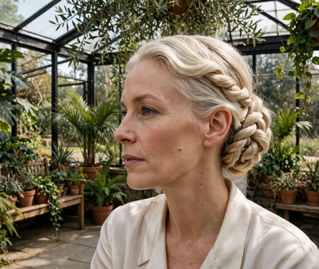 Woman in her 40s with platinum blonde rope twists in an elegant medusa chignon, sunlit conservatory