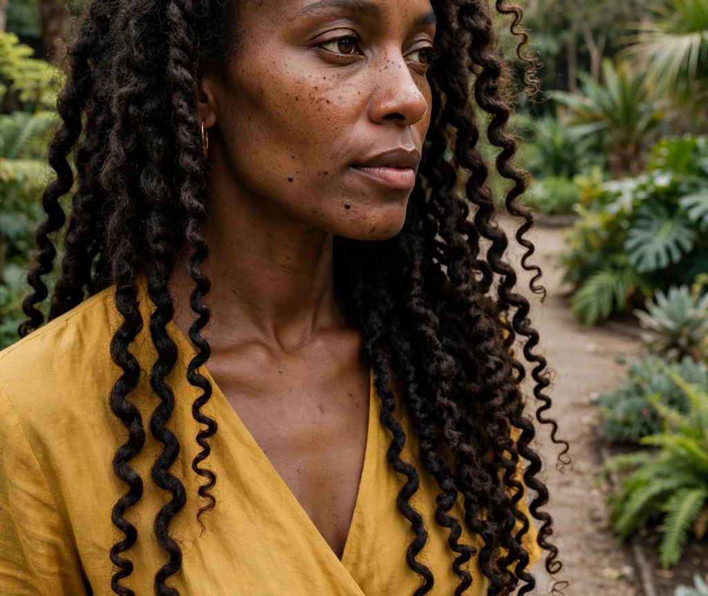 Black woman with natural curls twisted into cascading coil curls, mustard yellow wrap dress in a botanical garden
