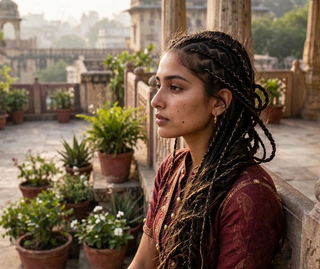South Asian woman with long dark hair in serpentine braids swept over one shoulder with gold threads, palace terrace