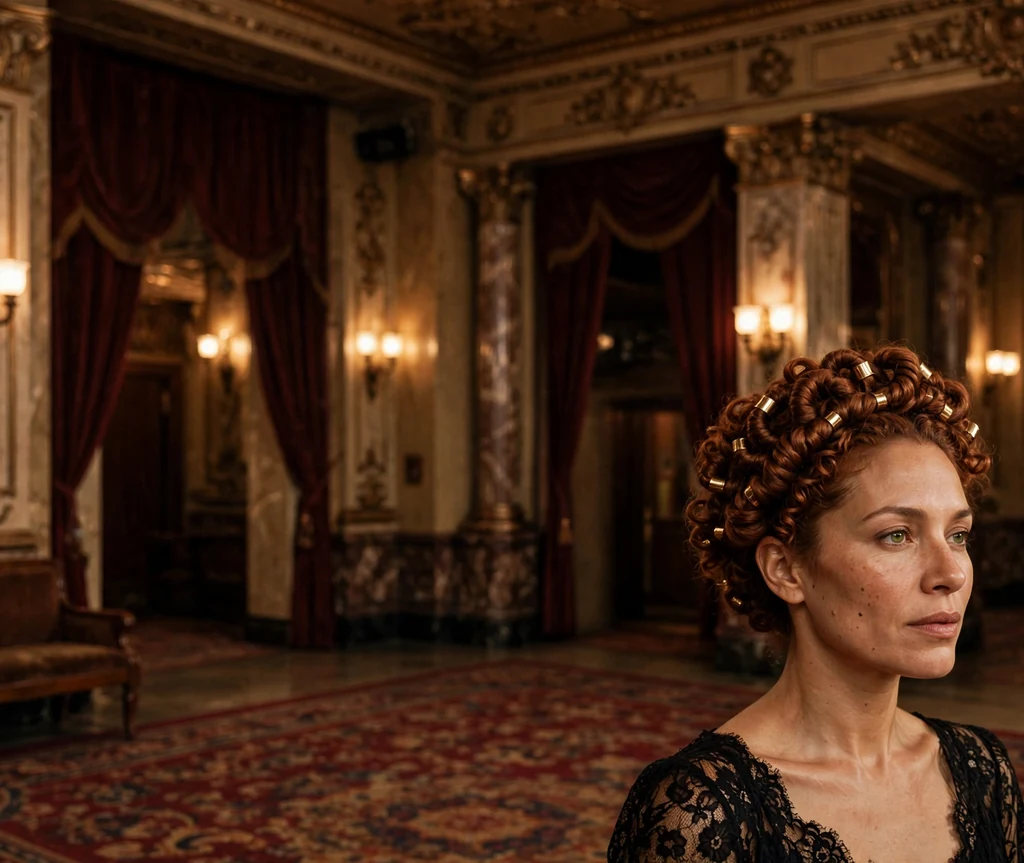 Latina woman with auburn curly hair in a coiled crown decorated with gold cuffs, black lace dress