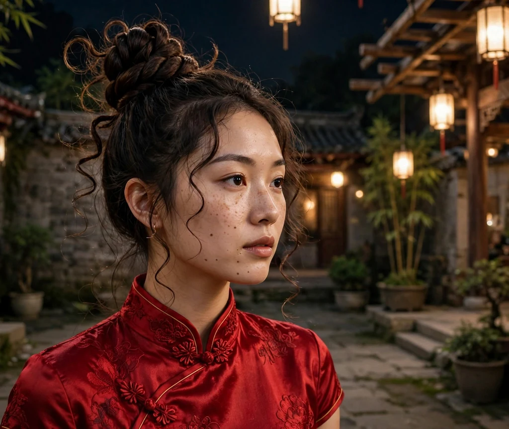 East Asian woman with dark brown hair in a twisted rope high bun with loose coil tendrils, red silk dress