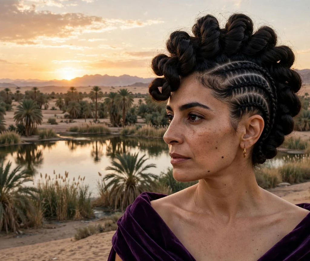 Middle Eastern woman with raven black curls in dramatic coil mohawk braids, deep purple evening gown