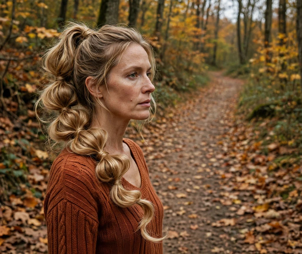 Woman with honey blonde hair in a serpentine bubble braid cascade, rust knit dress on an autumn forest path