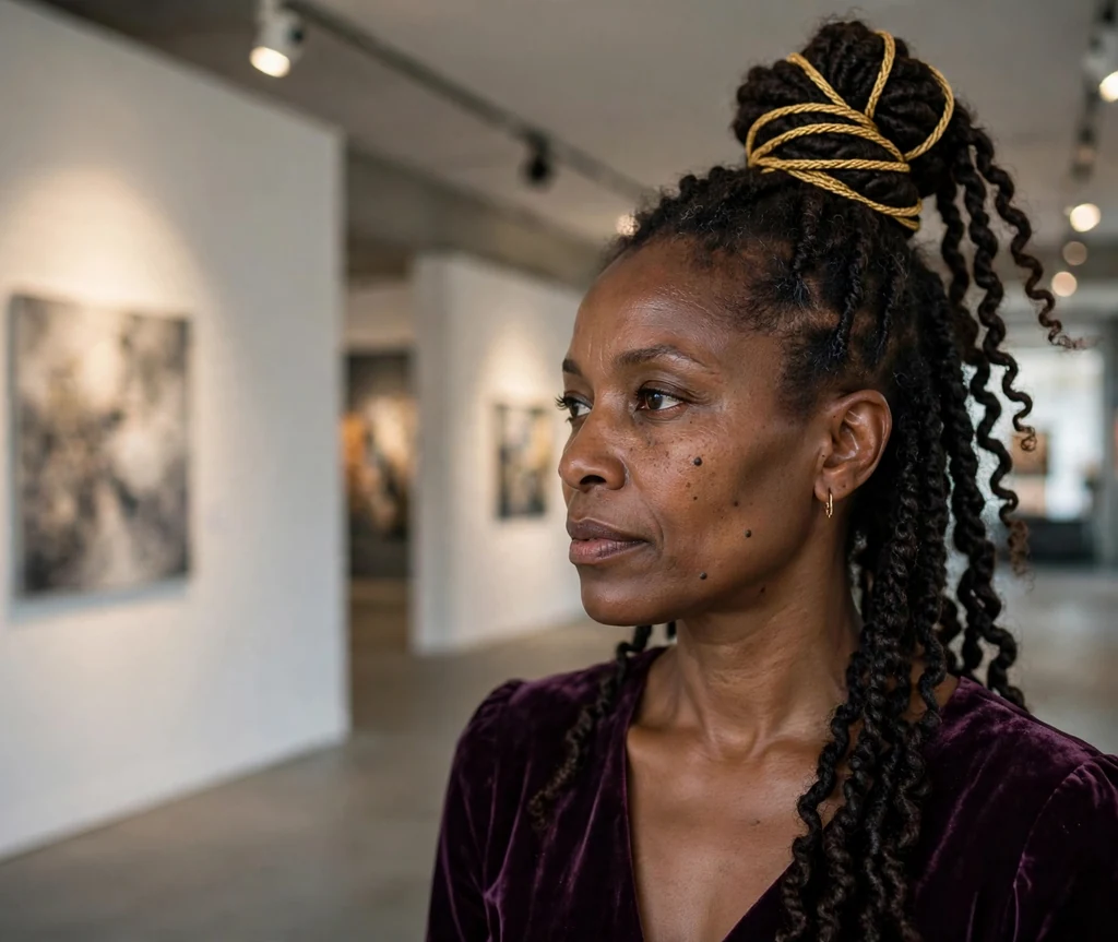 Black woman with long Senegalese twists swept into a gilded coil top knot, deep plum dress in an art gallery