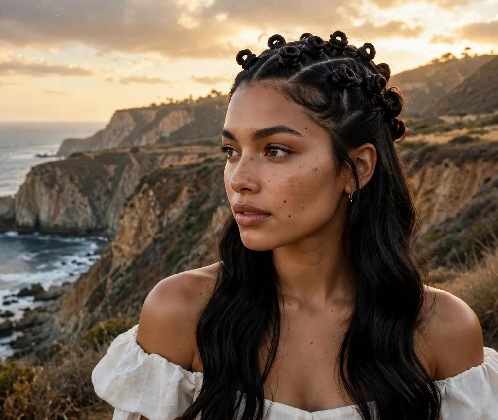 Latina woman with long black glossy waves and medusa braided coils in a half-up style, white off-shoulder dress